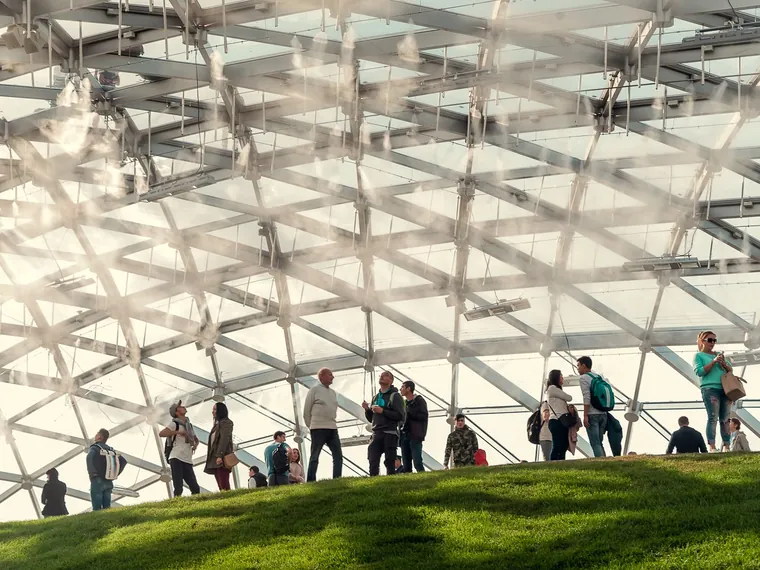 Cooling fog under the glass crust in Zaryadye Park, Moscow